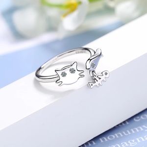New 925 Sterling Silver 925 Cat & Fish Adjustable Ring
